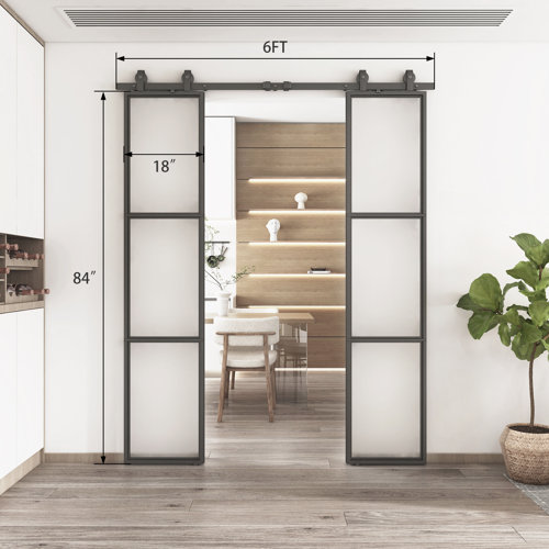 JUBEST Metal and Tempered Glass Double Sliding Barn Door with